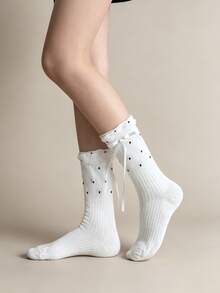 1/3 Pairs All-Season Breathable Versatile Polka Dot Bow Slouch Mid-Calf Socks - Multicolor - View 13