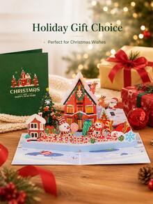 Creative Christmas 3D Greeting Card, Vintage Christmas House Style Card, A Gift For Friends And Family, Party Gift Card And Invitation Card - Green - View 5