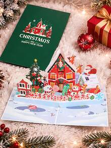Creative Christmas 3D Greeting Card, Vintage Christmas House Style Card, A Gift For Friends And Family, Party Gift Card And Invitation Card - Green - View 10