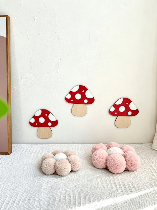 Wooden Red Mushroom Wall Sticker, 3D Wall Decor, Self-Adhesive, No Nails Needed, Kids Room Bedroom Background Wall Decoration