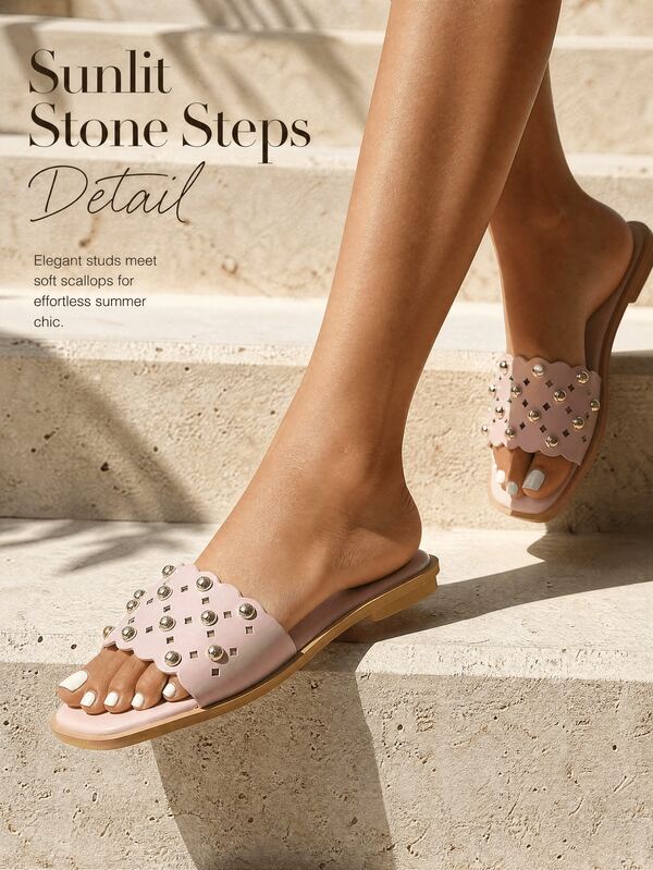 LangMoon Ashlee LangMoon 2026 Light Pink Scalloped Edge Wide Strap Gold Rivet Rhombus Hollow Square Toe Flat Slide Sandals, Quiet Luxury Style Versatile Elegant Shoes For All Seasons Daily Wear