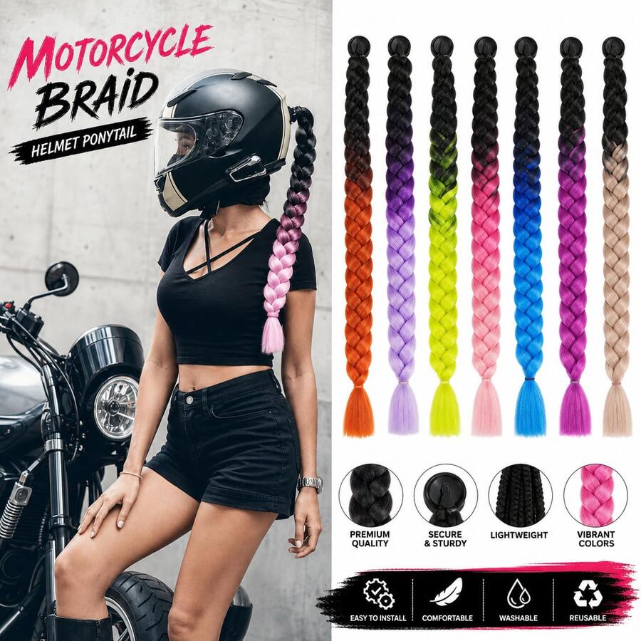 Motorcycle Helmet Braid Ponytail – Colorful Gradient Synthetic Hair Extension With Suction Cup, Reusable & Lightweight Decor For Bike & Ski Helmets