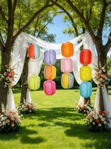 10/5pcs Hollow Long Paper Art Set, Includes 6 Lanterns And 6 Bases, Multi-Color Sewn Foldable Hanging Lanterns, Colorful Paper Art Decorative Lanterns, Suitable For Home, Party And Other Occasions - Multicolor - View 2