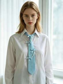 1PC Women's Bowknot + Tie Set, Minimalist Versatile School Style JK Uniform Shirt Bowknot Collar Accessory 2 Pieces Set - Blue - Bow JK - View 4