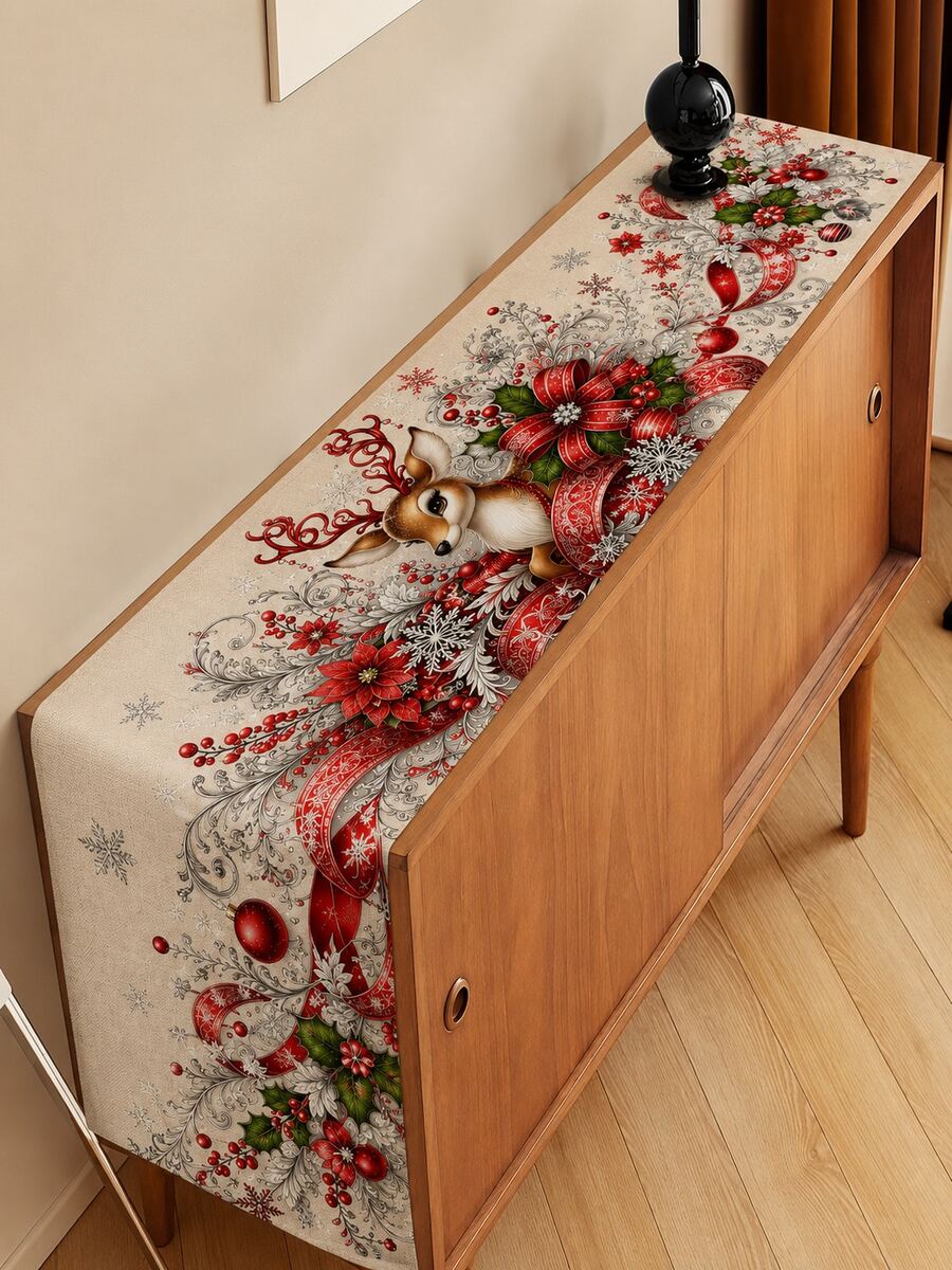馴鹿聖誕桌旗，亞麻紅色一品紅雪花冬青緞帶印花桌布，復古節日餐桌裝飾，適用於聖誕派對、廚房、農舍風及冬季居家裝飾 - 彩色 - 查看 1