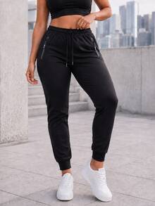 Women's Solid Color High Waist Drawstring Elastic Waist Tapered Jogger Pants With Zipper Pockets Casual Athletic Sweatpants - Black - View 2