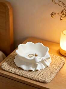 1pc Cute Ruffled Bow Jewelry Tray, Accessory Dish For Home Decor, Desk, Office, Theme Party, Cosmetic Display, Ring & Necklace Storage, Key & Small Item Organizer, Gifts For Girlfriend, Soft Satin Bow Ceramic Trinket Dish, Ins Style - Multicolor - View 1