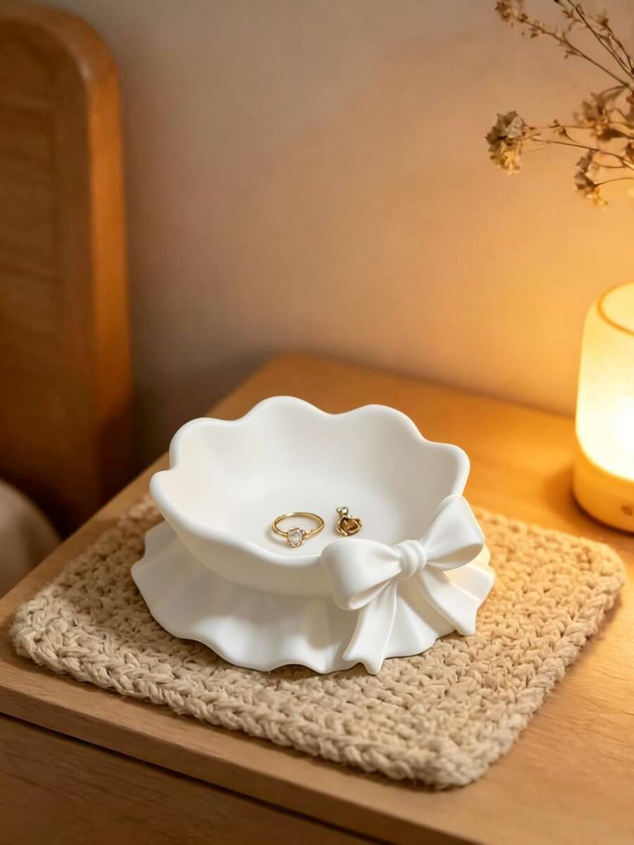 1pc Cute Ruffled Bow Jewelry Tray, Accessory Dish For Home Decor, Desk, Office, Theme Party, Cosmetic Display, Ring & Necklace Storage, Key & Small Item Organizer, Gifts For Girlfriend, Soft Satin Bow Ceramic Trinket Dish, Ins Style - Multicolor - View 1
