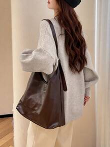 Women's Autumn/Winter Solid Color Pocket Versatile Minimalist Loose Knit Cardigan Jacket - Beige - View 2