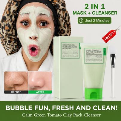 OUHOE Green Tomato Pore Clay Mask Cleanser For Deep Cleansing, Plant Extract, Gentle Facial Wash For Deep Pore Cleansing, Soft And Gentle Clay Cleansing Mask For Skin With Free Application Brush