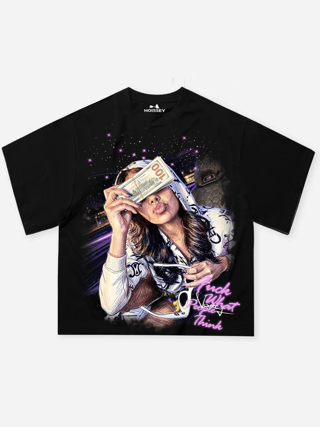 NOISSEY "Starlight Black" Neon Girl Kunstdruck Locker geschnittenes T-Shirt/Herbst-Outfits - Schwarz - Übersicht 1