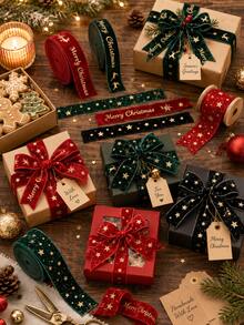 1 Roll Christmas Velvet Decorative Ribbon, Gold Foil Stars & Merry Christmas Print, 2m Roll, 2.5cm/4cm Wide, Suitable For Gift Wrapping, Christmas Tree, Wreath, Bow Making, Holiday Party Decoration - Velvet - View 8