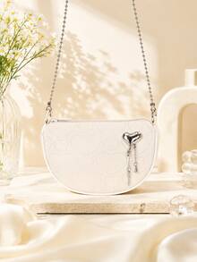 1pc Women's Heart Embossed Crescent Bag, Metal Heart Tassel Pendant Chain Crossbody Bag, Sweet Cool Style Contrast Edge Shoulder Small Bag - M1754 - View 9