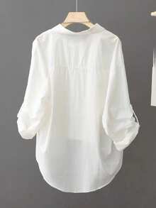 Women's 100% Pure Cotton Comfortable Fabric, White Long Sleeve Shirt Collar Top, With Rolled Sleeves, Regular Length, Loose Fit, Suitable For Spring And Autumn - White - View 3