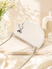 1pc Women's Heart Embossed Crescent Bag, Metal Heart Tassel Pendant Chain Crossbody Bag, Sweet Cool Style Contrast Edge Shoulder Small Bag - M1754 - View 10