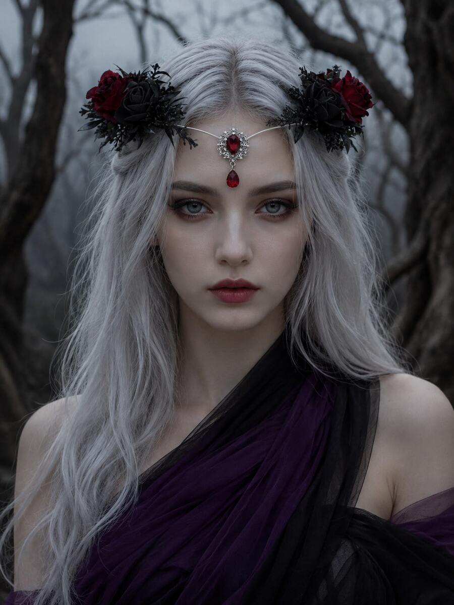 Gothic Black Red Rose Forehead Headpiece Red Teardrop Crystal Pendant Dark Bridal Wedding Hair Accessory For Halloween Cosplay Party - Black - View 1