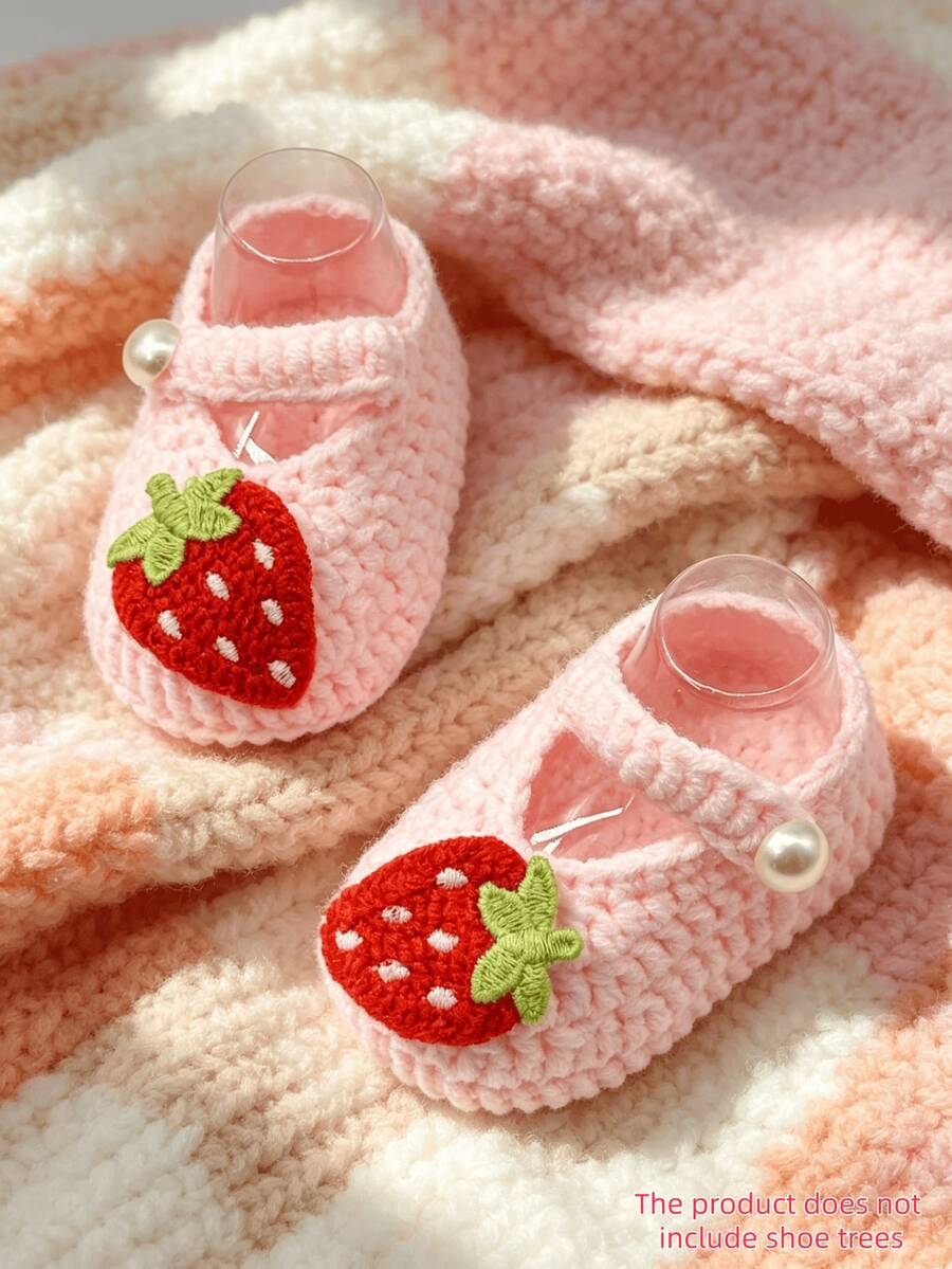 1雙嬰兒女童白色緞面鞋,草莓刺繡,珍珠鈕扣細節 - 粉色 - 查看 1