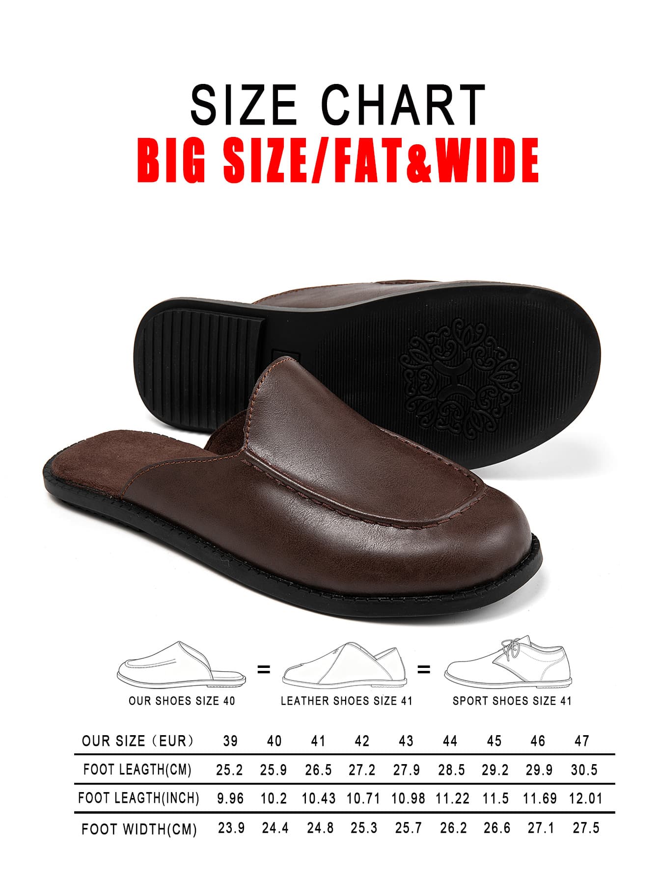 Plus Size Men's Leather Closed-Toe Mule Loafers, Backless Slip-On Slippers, Reinforced Stitching, Skin-Friendly Lining