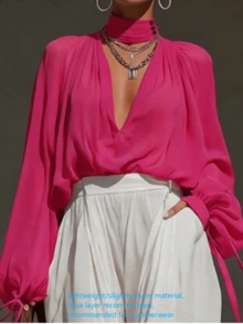 Fashionable Women's Chiffon Long Sleeve Blouse, Deep V-Neck Semi-Sheer Top, Suitable For Formal Occasions - Hot Pink - View 1