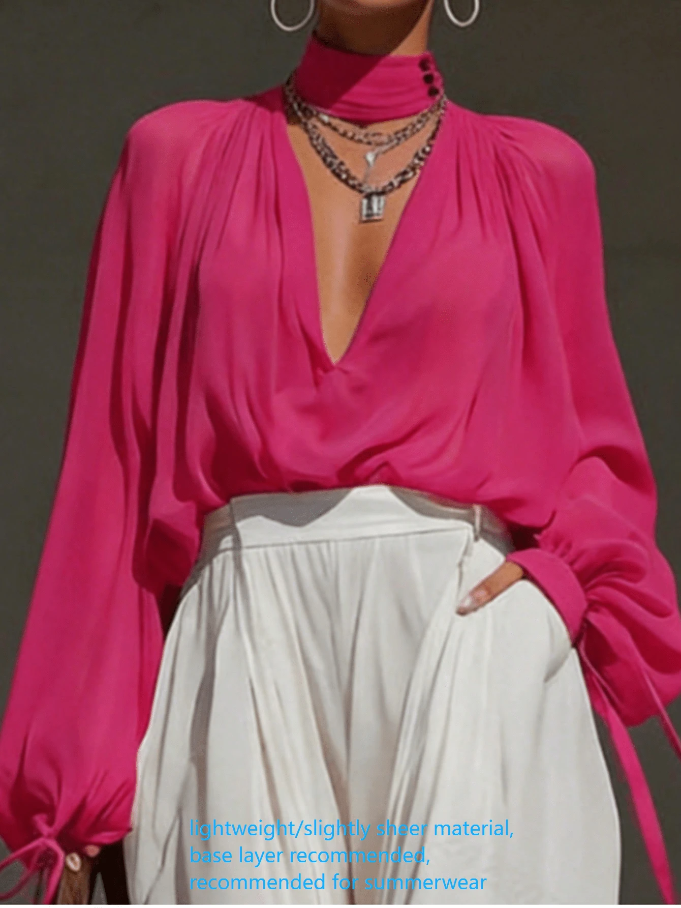 Fashionable Women's Chiffon Long Sleeve Blouse, Deep V-Neck Semi-Sheer Top, Suitable For Formal Occasions - Hot Pink - View 1