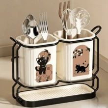 1pc Carbon Steel Kitchen Utensil And Knife Rack, With 2 Utensil Buckets, 2-In-1 Countertop And Wall-Mounted Storage Rack, Detachable Drip Tray, Cute Cat Pattern, Great Value Gift, Best Gift For Christmas, Halloween, Back To School - Multicolor - View 7