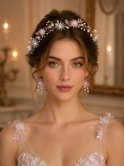 Women's Pink & White Floral Pearl Rhinestone Bridal Hair Vine & Earrings Set, Gold Leaf Ribbon Headband, Wedding Bridesmaid Prom Party Hair Accessories