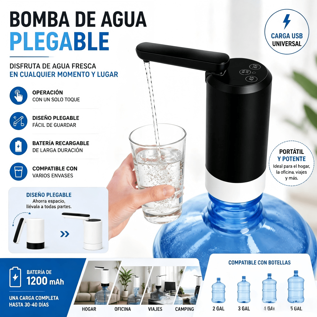 Dispensador de agua eléctrico para garrafón, bomba automática recargable por USB, portátil para camping y hogar