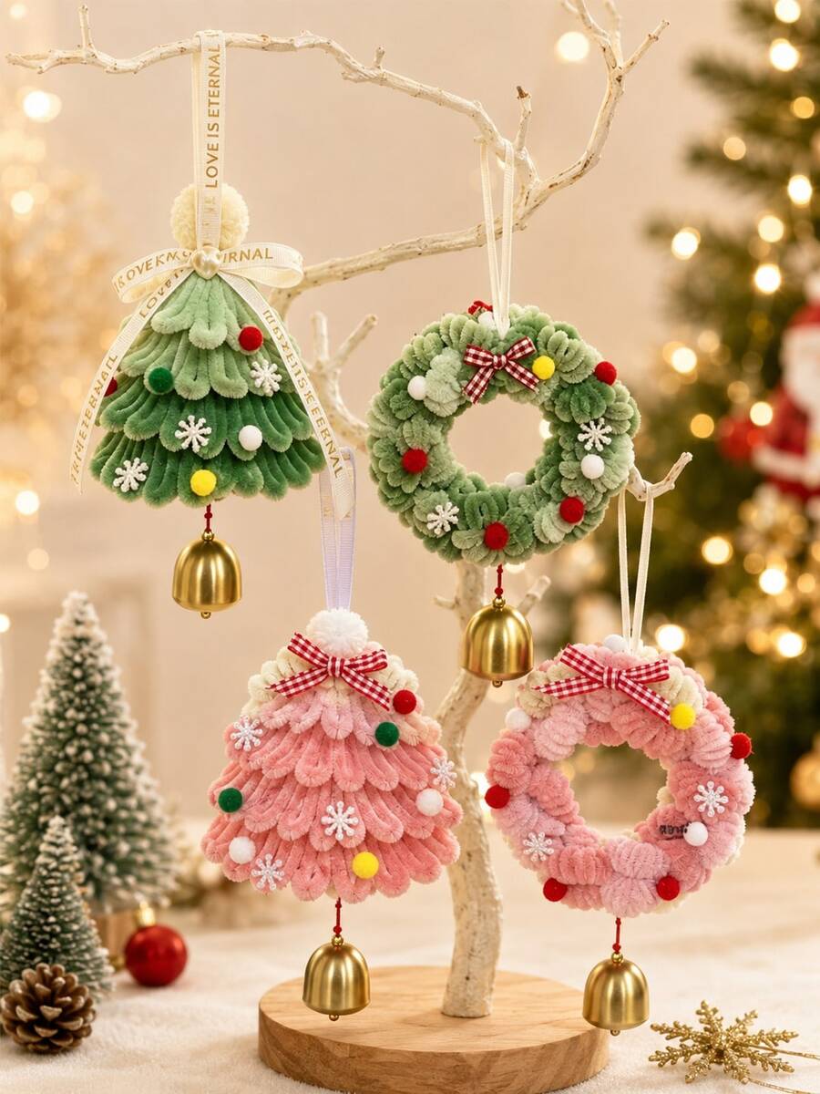 1pc Novelty Aesthetic Christmas Chenille Pipe Cleaner Tree & Wreath Hanging Ornament Set With Bell Charm, Ribbon Bow Snowflakes Xmas Tree Decor, Women Bag Key Chain Car Interior Rearview Mirror Door Knob Pendant, Winter