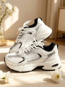 Sodalemon New Women's Casual Sports Shoes Preppy Style Chunky Sneakers Shoes White Sneakers Couple Style Round Toe Lace-Up Mesh Dual-Tone Breathable Versatile Deep Cut Fashion Print Graffiti College Style Student Shoes Outdoor Hiking Casual Shoes Commuter Shoes Runs Small One Size - Black and White - View 6