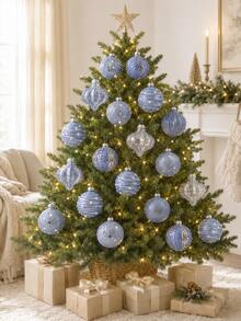 12PCS Assorted Transparent Christmas Hanging Ornaments, 6 Styles Blue Glitter Hanging Balls, Exquisite Transparent Christmas Tree Decorations, Suitable For Christmas Party, Home Decor, Winter Celebration, Gift Box And Holiday Season Decoration Set - Blue - View 5