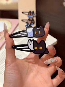 4PCS Cute Cartoon Black Cat BB Clips, Fun Cat Milk Tea Ghost Decorative Hair Clips, Quirky Adorable Cat Hair Clip Set, Daily Versatile Cute Hair Accessories - Black - View 4