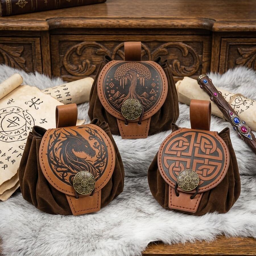 Medieval Viking Coin Purse Dice Bag Hangable Waist Bag Unisex Leather Drawstring Coin Pouch Cosplay Accessories Props,Halloween - A - View 1