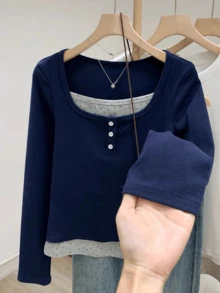 U-Neck 2 In 1 Long Sleeve T-Shirt Women, Fitted Base Layer Top, Sexy Style, Autumn - Navy Blue - View 10
