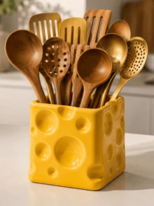 1pc Cheese-Shaped Utensil Holder, Multi-Use Kitchen Cutlery Organizer, Spoon Fork Chopstick Storage Box, Countertop Tableware Holder For Kitchen & Dining Room Decor - Multicolor - View 8
