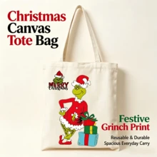 The Grinch 1pc Christmas Tote Bag, Cartoon Holiday Canvas Shoulder Bag With Festive Pattern, Reusable Shopping Bag For Gifts, Parties And Daily Use - Multicolor - View 2