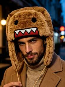 Autumn/Winter Outdoor Creative Cartoon Embroidered Earflap Double-Layer Thickened Warm Coral Fleece Ushanka Hat - Camel - View 1
