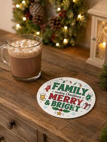 1/6pcs Christmas Round Coasters, Red & Green Holiday Blessing Text Print, Family Reunion Christmas Decor Coasters, Coffee Cup Heat-Resistant Table Mats, Christmas Party Home Desktop Decoration - Multi-color/1 - View 6