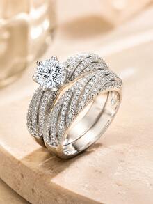 2Pcs Bridal Wedding Ring Set, Round 6 Prong Engagement Ring, Twisted Pave Stackable Silver Plated Rings For Women Anniversary Gift - Silver - View 2
