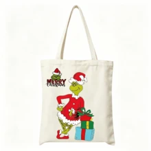 The Grinch 1pc Christmas Tote Bag, Cartoon Holiday Canvas Shoulder Bag With Festive Pattern, Reusable Shopping Bag For Gifts, Parties And Daily Use - Multicolor - View 4