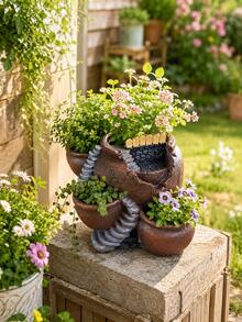 Resin Multi‑Pot Plant Planter With Stairway Design, Broken Pot Style Flower Container, Outdoor Patio Yard Balcony Tabletop Ornament, For Succulent Herb Planting Garden Backyard Landscape Display Decoration - Flower Pot - View 5