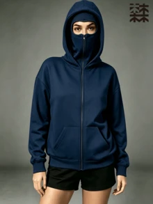 mulinsen 女款連帽貝雷帽拉鍊運動衫，全開襟拉鍊，袋鼠口袋，寬鬆長袖運動夾克，街頭風 - 藍色 - 查看 6