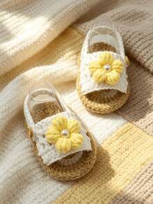 1 Pair Handmade Crochet Infant Sandals, White Flower With Pearl Decoration, Infant Shoes - Yellow - View 3