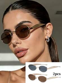 2pcs/Set Summer New Fashionable Retro Bohemian Metal Oval & Rhombus Personalized Fashion Glasses, Unisex Decorative Glasses With High-End Vibe - 2pcs Round Tea Diamond Gray - View 12