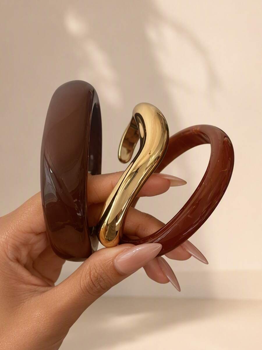3/1 pieza Brazalete de resina CCB con diseño geométrico asimétrico redondo, elegante y vintage, adecuado para citas, fiestas, eventos de negocios y uso diario de mujeres - Gama de marrones - Ver 1