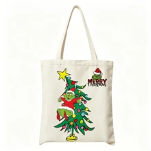 The Grinch 1pc Christmas Tote Bag, Cartoon Holiday Canvas Shoulder Bag With Festive Pattern, Reusable Shopping Bag For Gifts, Parties And Daily Use - Multicolor - View 5