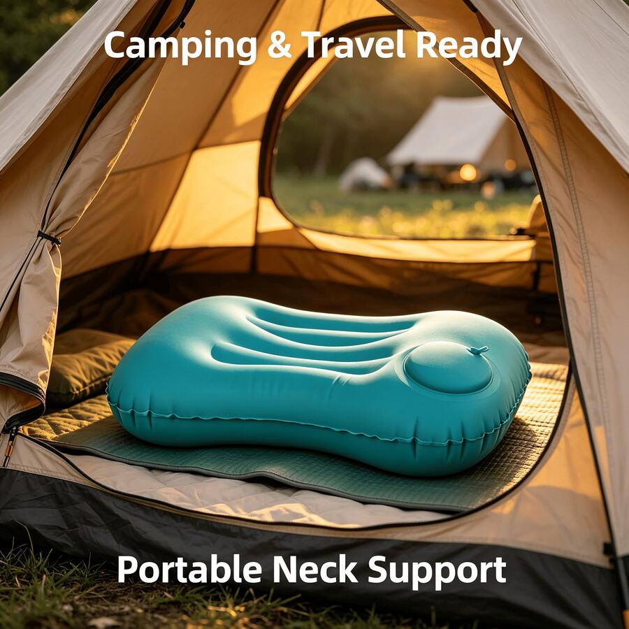 1pc Camping Inflatable Travel Pillow, Portable Neck Pillow, One-Press Inflation, Compact Air Pillow, Suitable For Beach, Office, Home, Travel - Peacock Blue - View 1