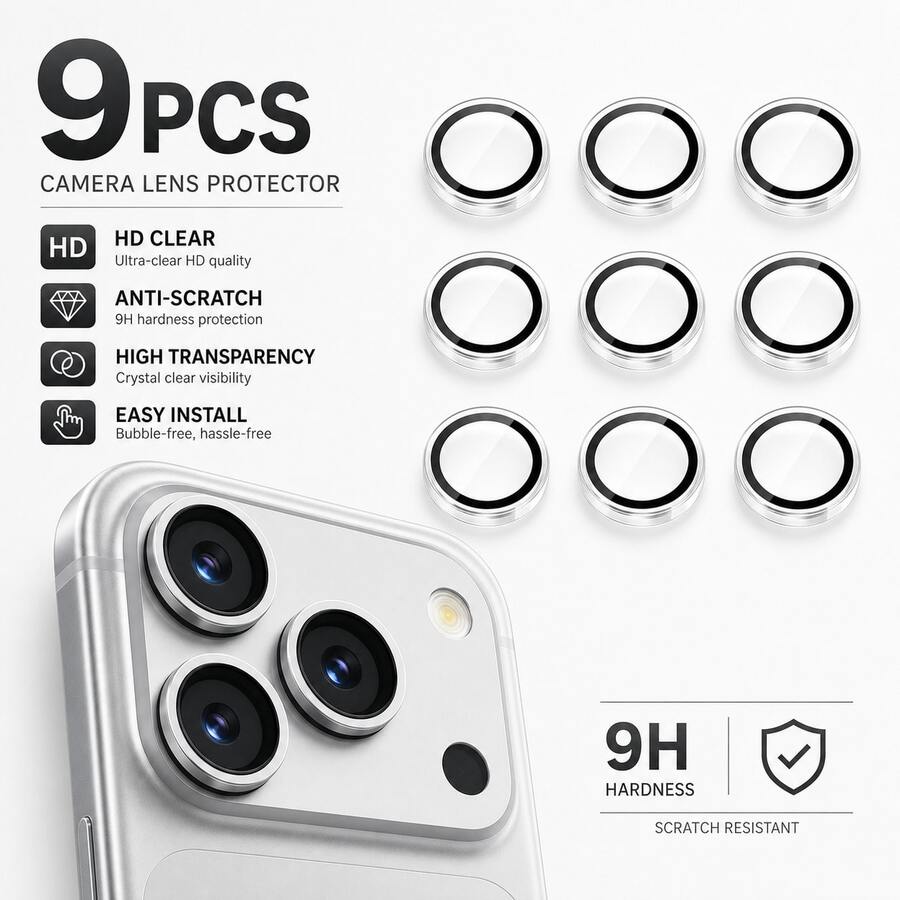 9片裝手機鏡頭保護貼,適用於 Phone 18 Pro Max/Phone 18 Pro/Phone Ultra/Phone 17/17Pro/17Promax/17Air/16 Pro Max/IPhone16 Pro,9H+ 高端防碎鋼化玻璃,防指紋防刮手機鏡頭膜 - 無色 - 查看 1