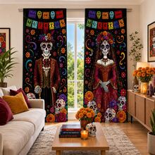 2PCS Skeleton Bride And Groom Print Light Sheer Curtains, 90GSM Semi-Sheer For Privacy Protection. Easy Rod Pocket Installation,Quick-Dry,Fade-Resistant After Washing, Lightweight And Washable. Ideal For Home, Room And Kitchen Decor & Space Dividers. - Multicolor - View 15