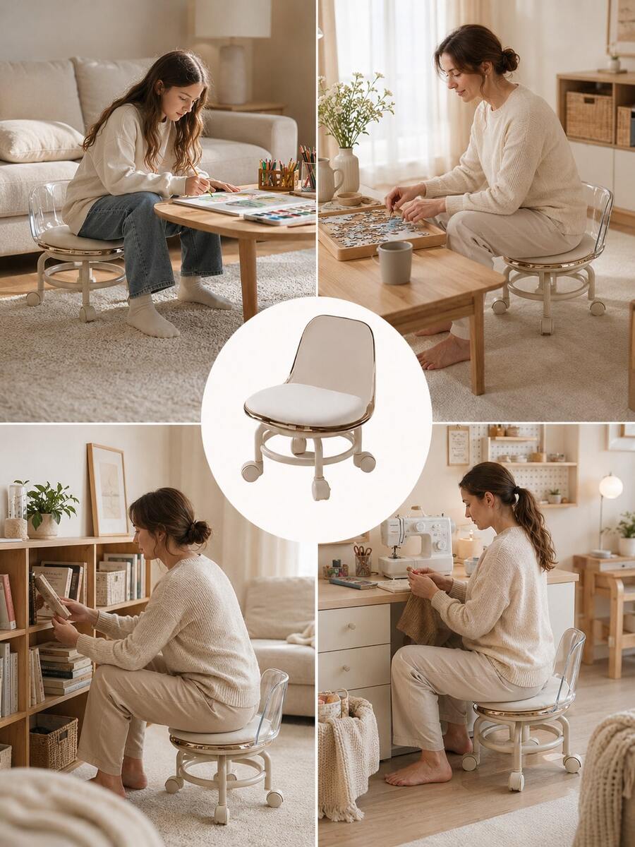 1pc Acrylic Swivel Caster Stool, Movable Backrest Chair With Wheels, Low Stool For Home Use, Please Check Size, Larger Size May Be More Suitable For You. Better Packaging, More Suitable For Giving To Those In Need, Family, Friends, Loved Ones, Also Suitable For Nail Salons, Foot Massage Shops And Other Places