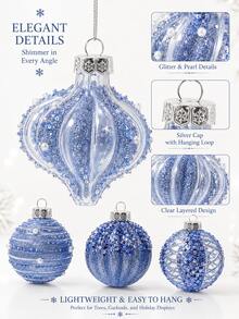 12PCS Assorted Transparent Christmas Hanging Ornaments, 6 Styles Blue Glitter Hanging Balls, Exquisite Transparent Christmas Tree Decorations, Suitable For Christmas Party, Home Decor, Winter Celebration, Gift Box And Holiday Season Decoration Set - Blue - View 3